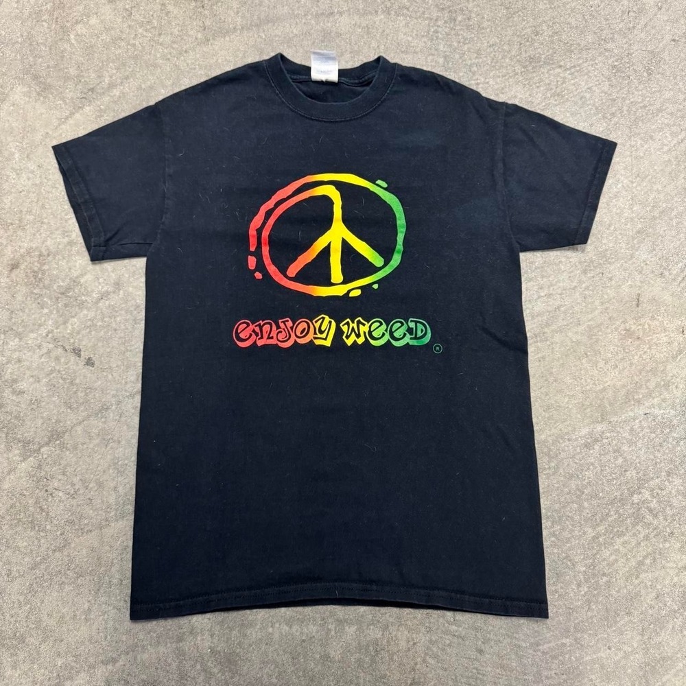 Men's Gildan Enjoy Weed Black Cotton T-Shirt Hippie Short Sleeve Small